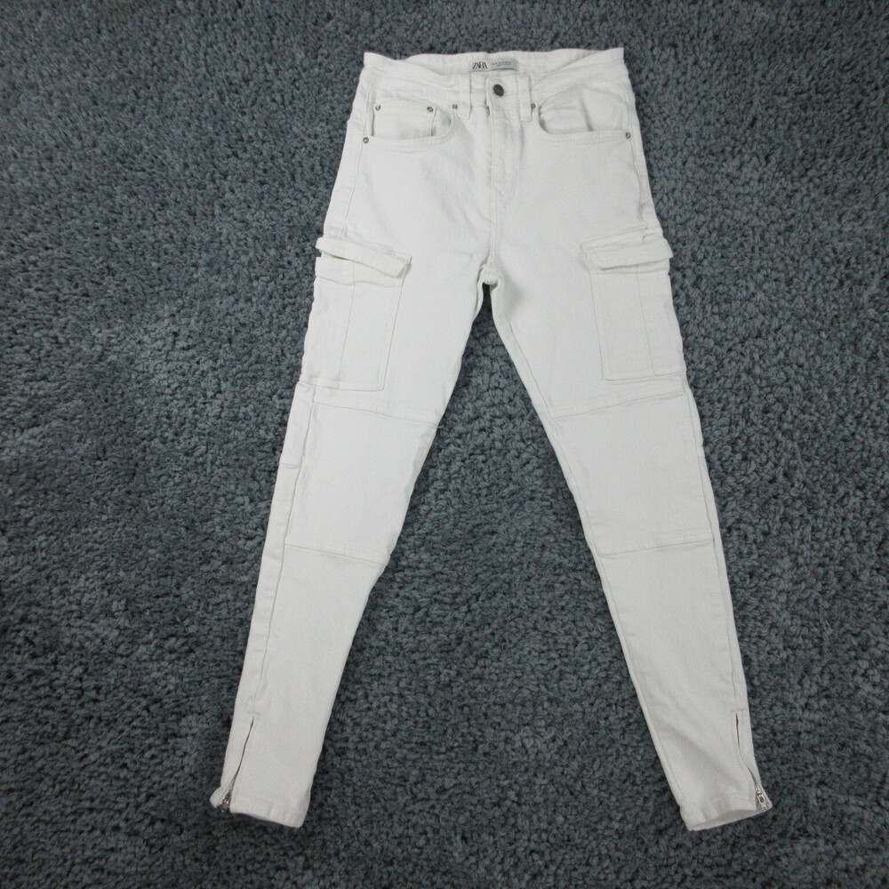 Zara Jeans Womens 30 White Denim Cargo Pockets Zip Ankle Tapered 28x28.5*